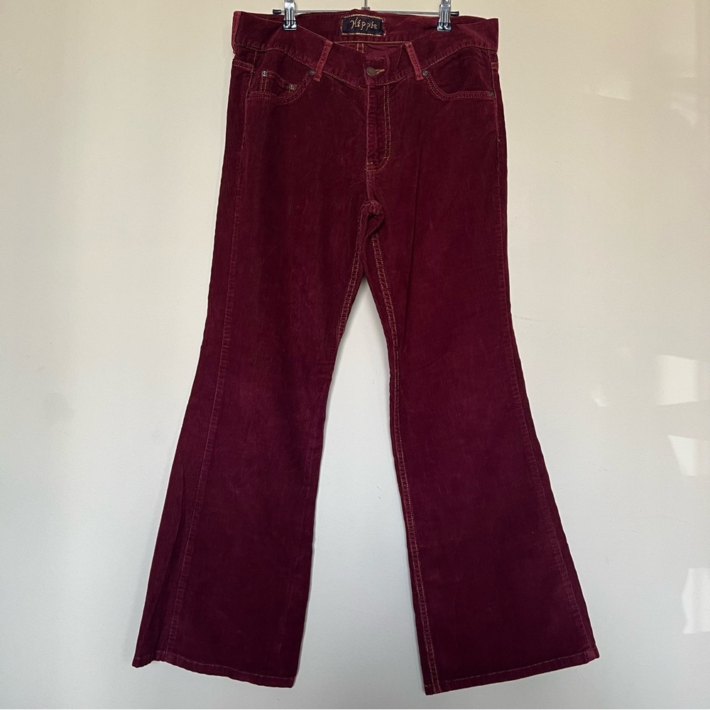 Hippie Vintage Burgundy Corduroy Flare Pants | Made USA | 70s Retro Bell Bottoms - Picture 3 of 8